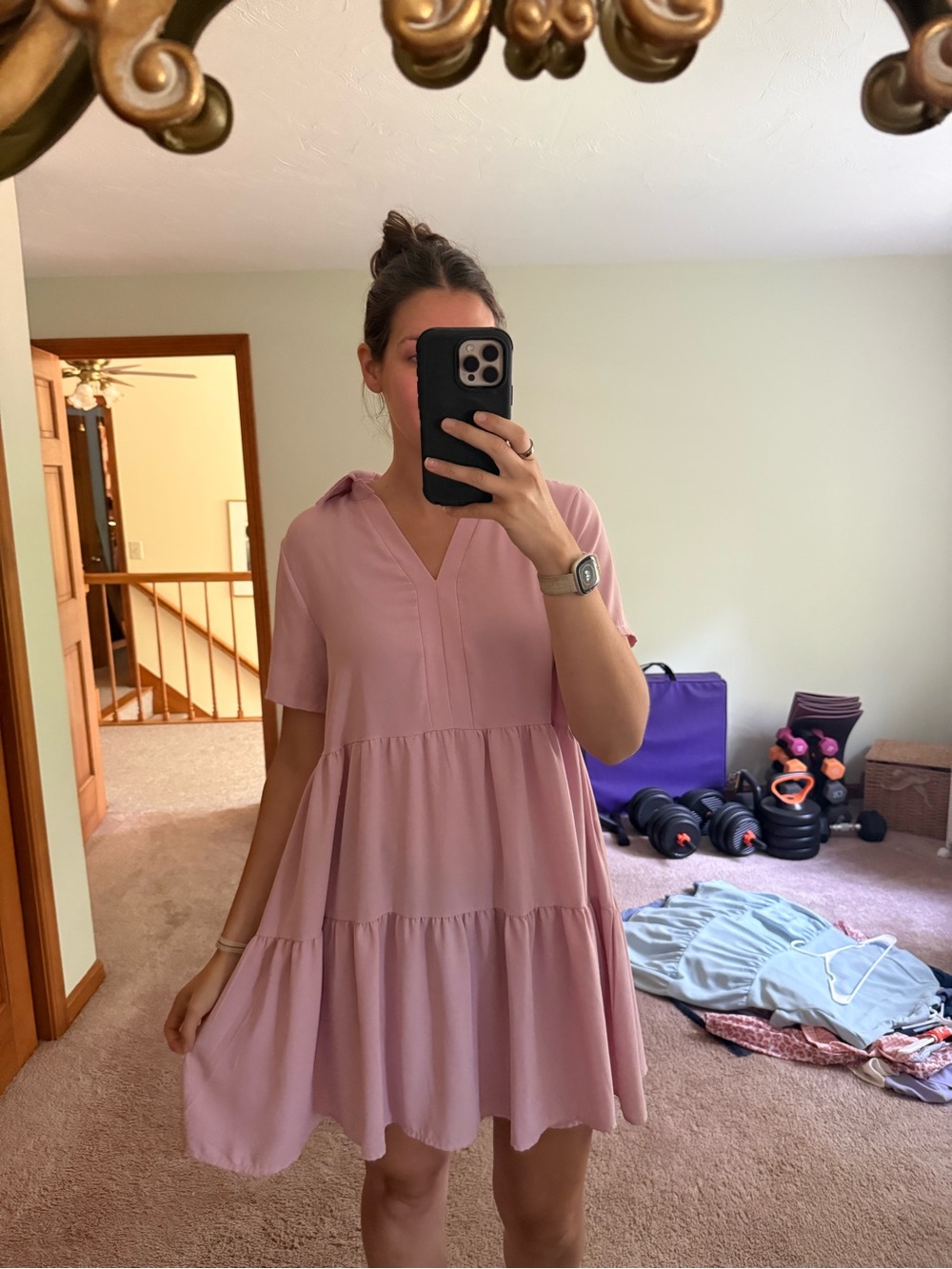 Amazon Pink Tiered V-Neck Short Sleeve Dress